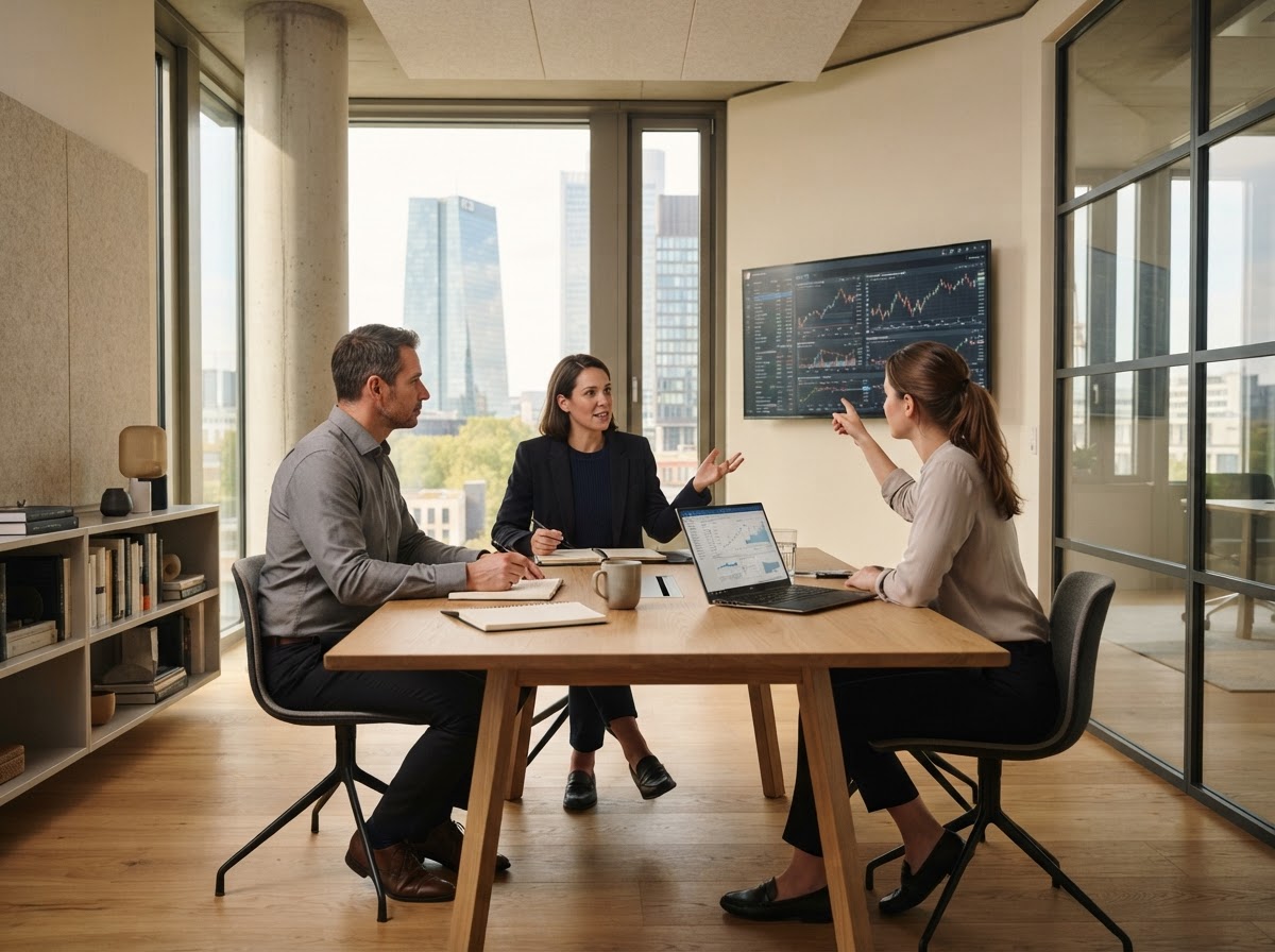 Trade Actions analyst reviewing portfolio allocation and risk parameters on screen